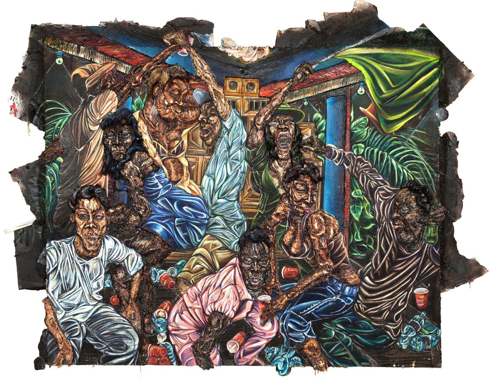 Raquel van Haver, Change the Rhythm of the Dancehall… It’s Still the Same Groove, 2018. Olieverf op jute, zelfgemaakte verf, karton, teer, plastic, houtskool, krijt, gel, hars, haar, posters, papier, kroonkurken, kralen. Met dank aan de kunstenaar. Foto: Wim Hanenberg.
