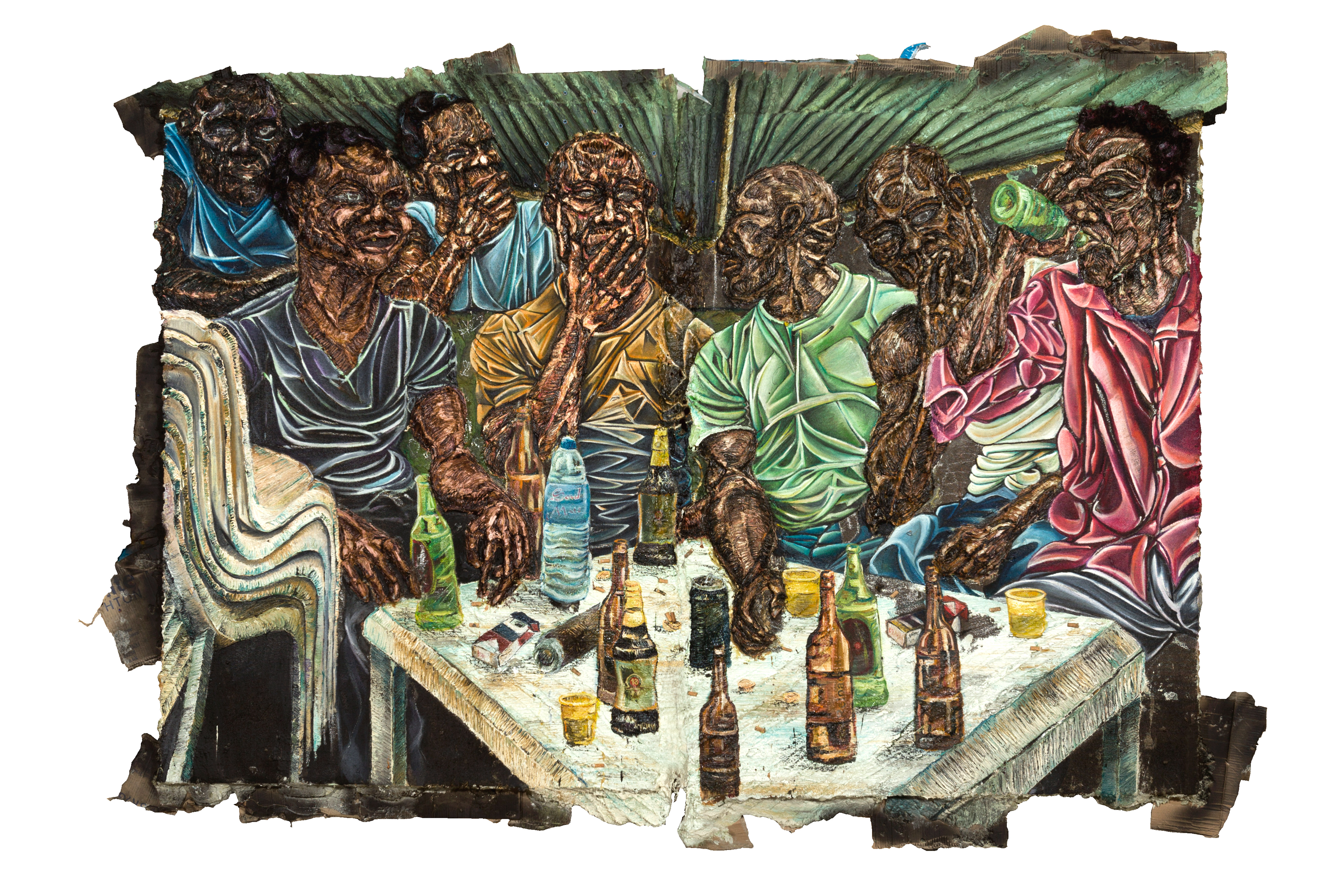 Raquel van Haver, Dem Smoke and Blaze under Royal regime, 2018. Olieverf op jute, zelfgemaakte verf, karton, teer, plastic, houtskool, krijt, gel, hars, haar, posters, papier, kroonkurken, sigaretten, kralen. Met dank aan de kunstenaar. Foto: Wim Hanenberg.