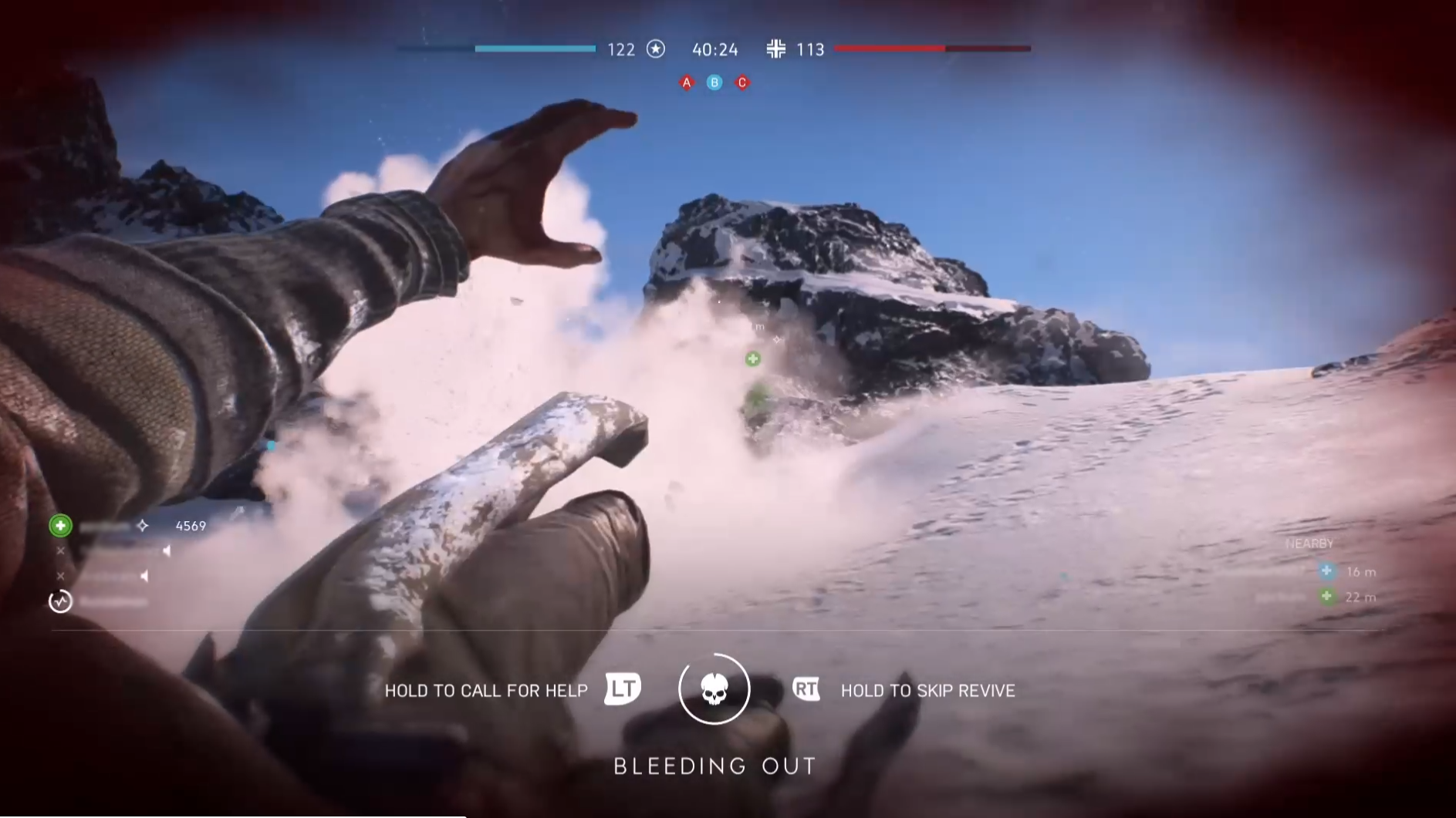 A first person screenshot from Battlefield V in which a character looks up at the sky on a snowy mountainside, hand out stretched, while a prompt at the bottom asks if the player wishes to bleed out or wait for a revival.