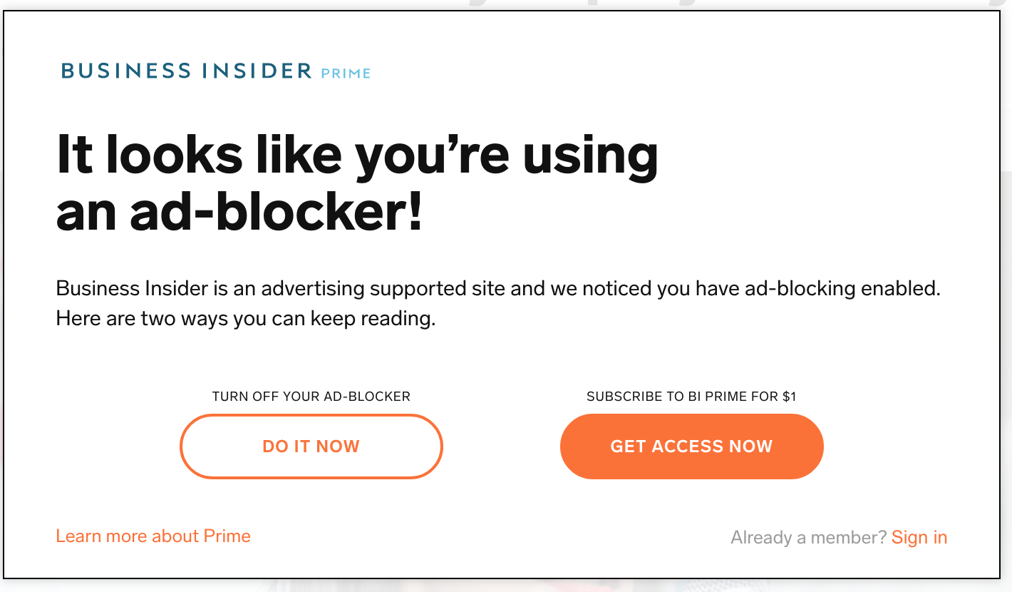 The anti-adblocker popup on Business Insider.