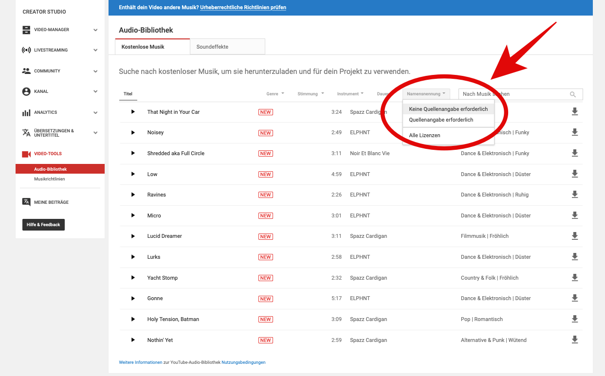 Screenshot: Audio-Bibliothek von YouTube