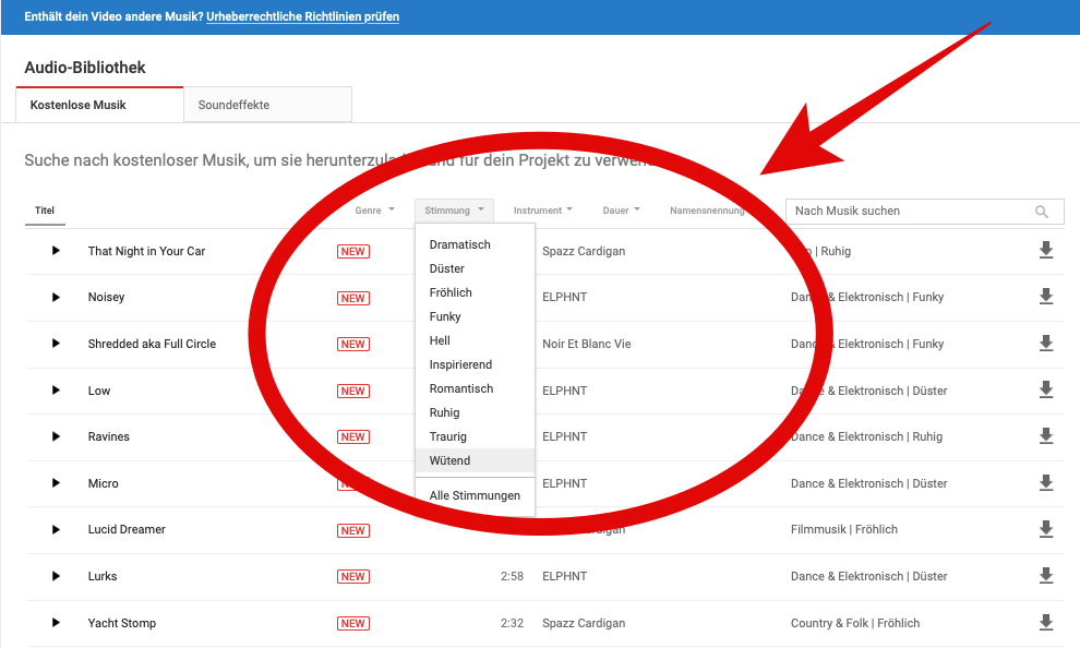 Screenshot: Stimmungs-Auswahl in der YouTube-Audio-Bibliothek