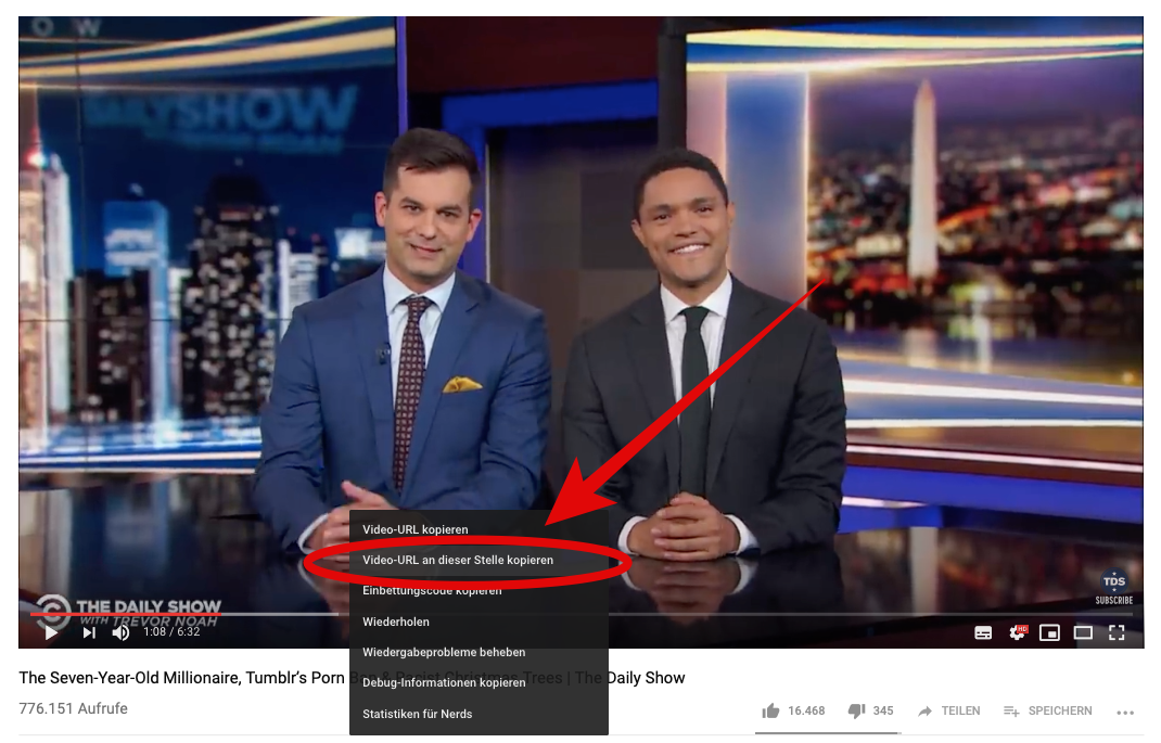 Screenshot: The Daily Show with Trevor Noah mit URL-Auswahl