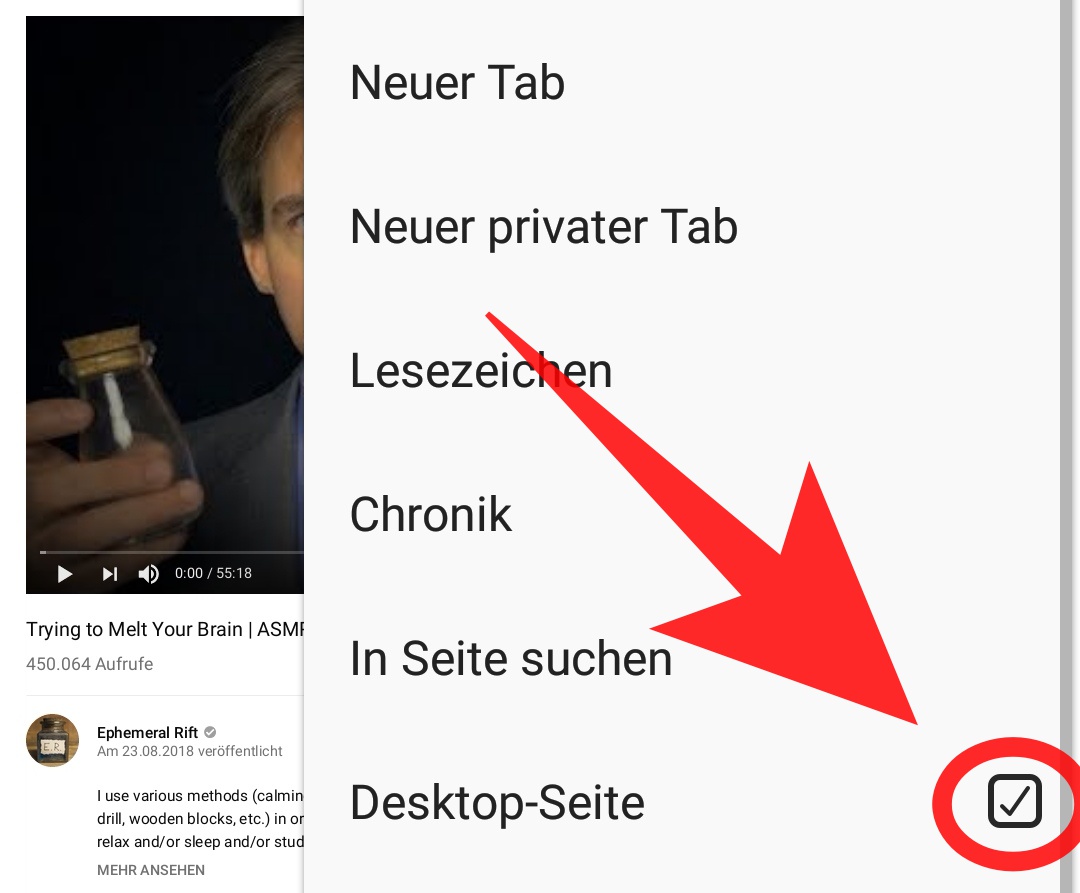 Screenshot: Desktop-Version von YouTube auf Android-Gerät auswählen