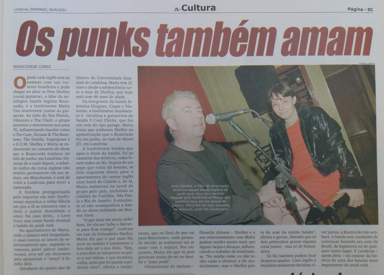 Matéria no Jornal de Londrina de 26 de agosto de 2001 sobre o relacionamento entre Pete Shelley e Maira Tito. Foto: Teixeira Quintiliano