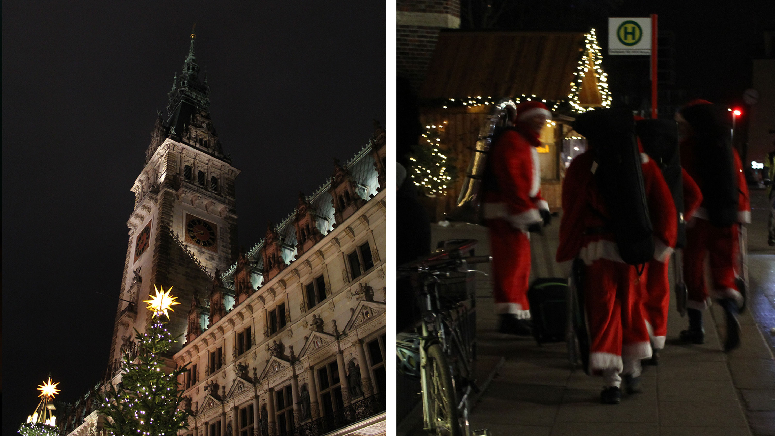 Hamburger Rathaus und Weihnachtsmänner