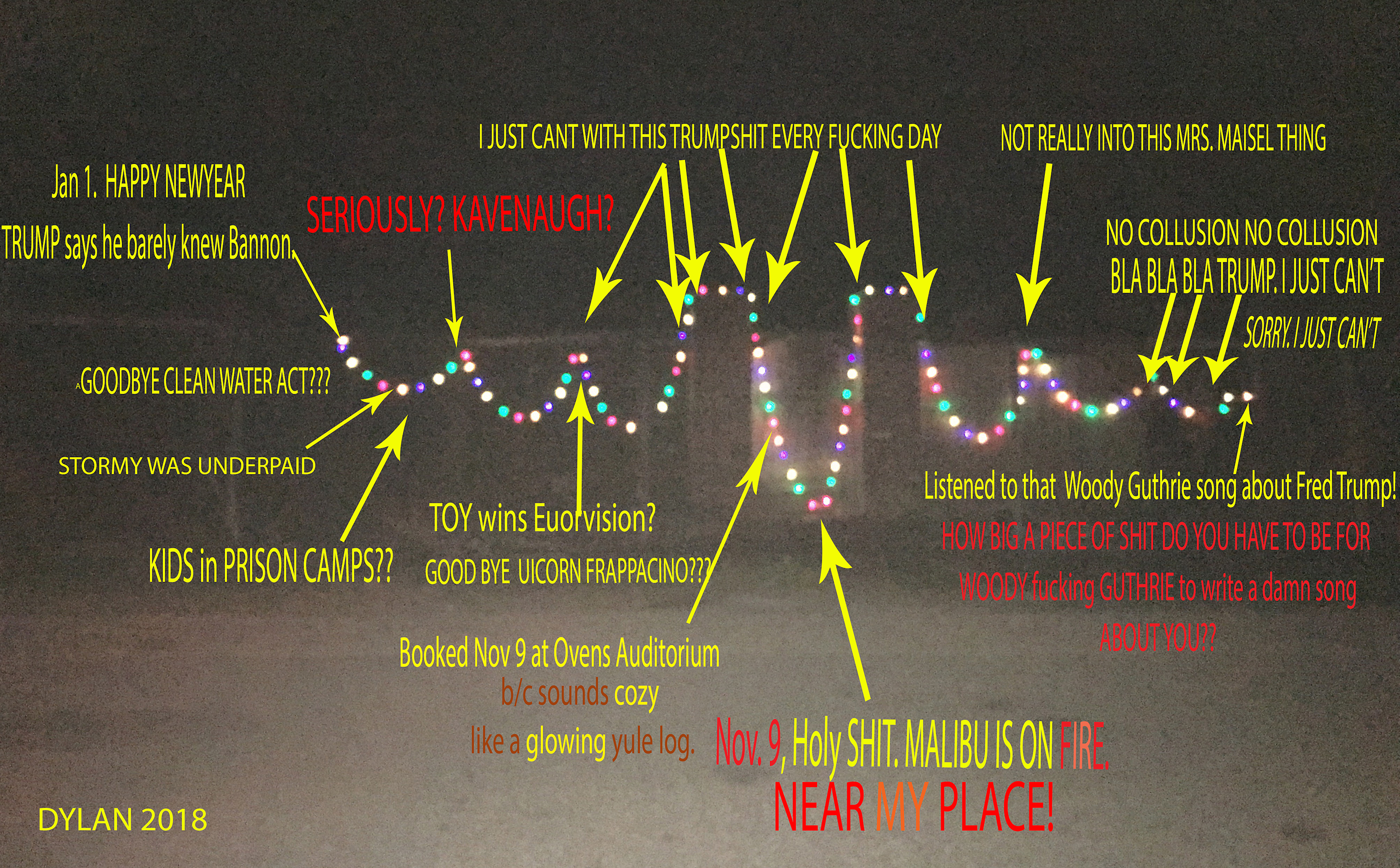 A photo of Bob Dylan's Christmas lights with notes over the top of the strings' highs and lows.