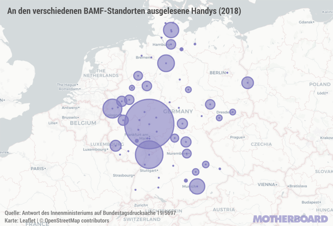 Karte, die die Häufigkeit des Handyauslesens an verschiedenen BAMF-Standorten in Deutschland zeigt