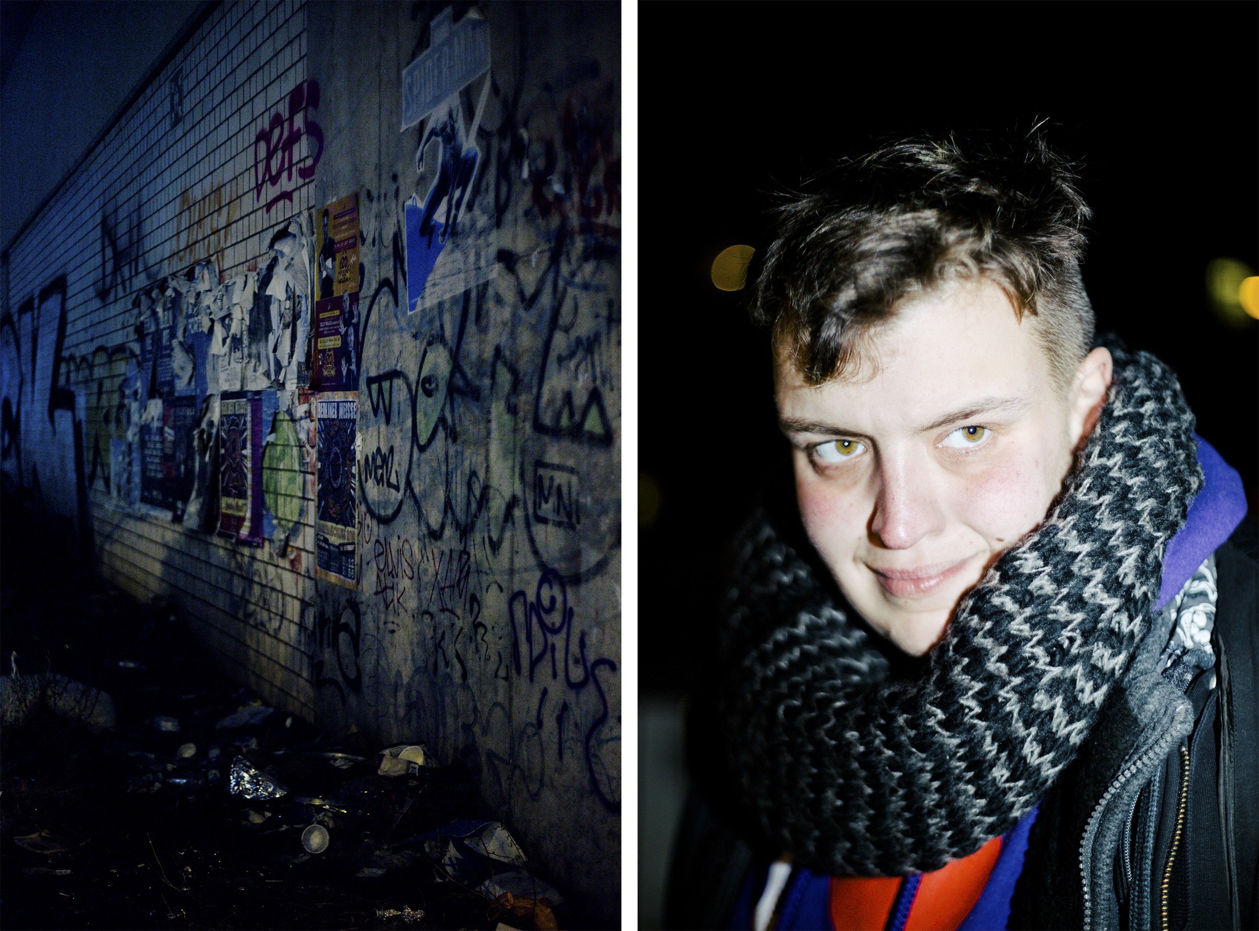 Eine obdachlose Frau schaut lächelnd aus dem Bild, links von ihr ist eine Wand