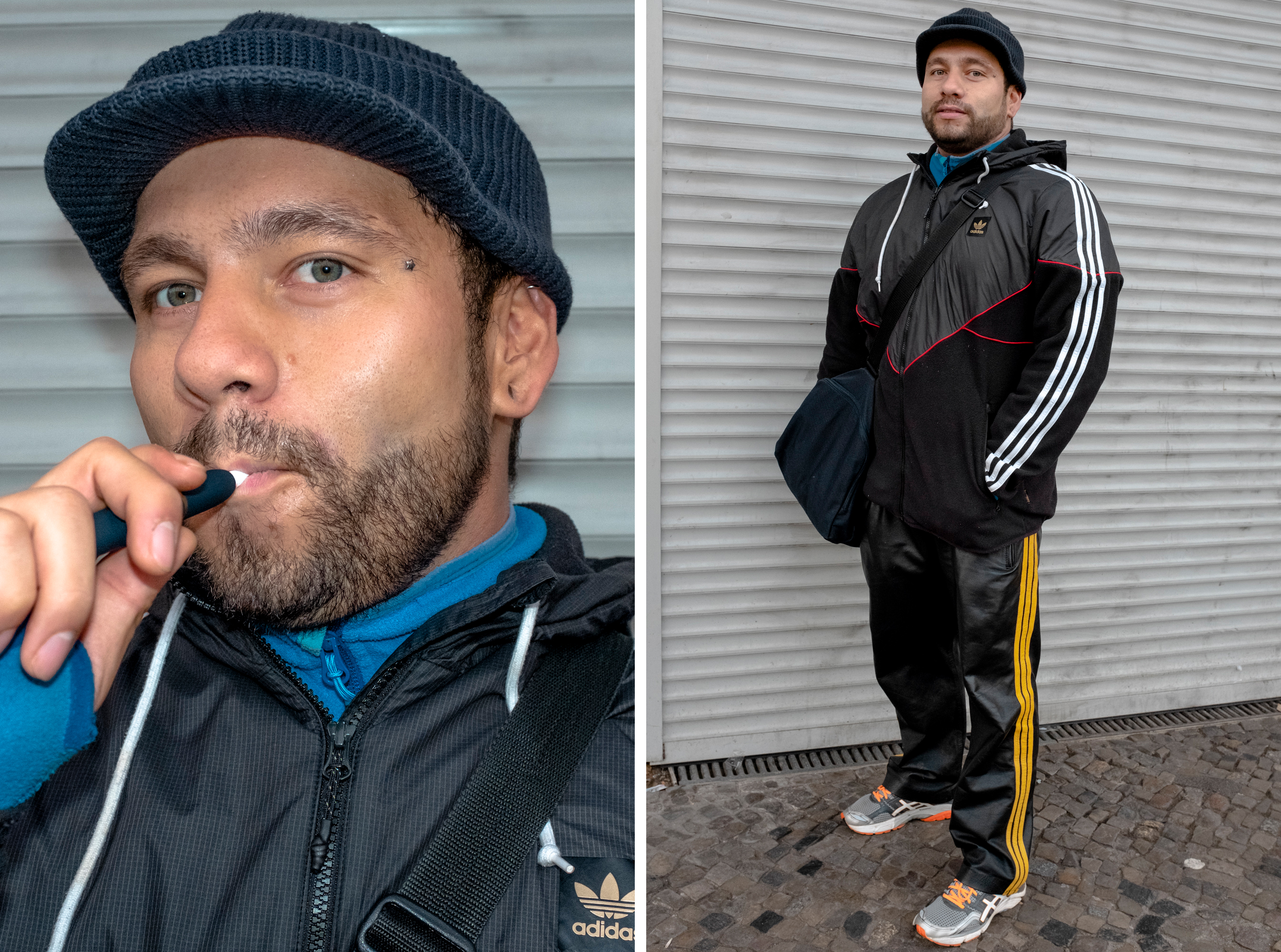 Ein Mann im Jogginganzug raucht