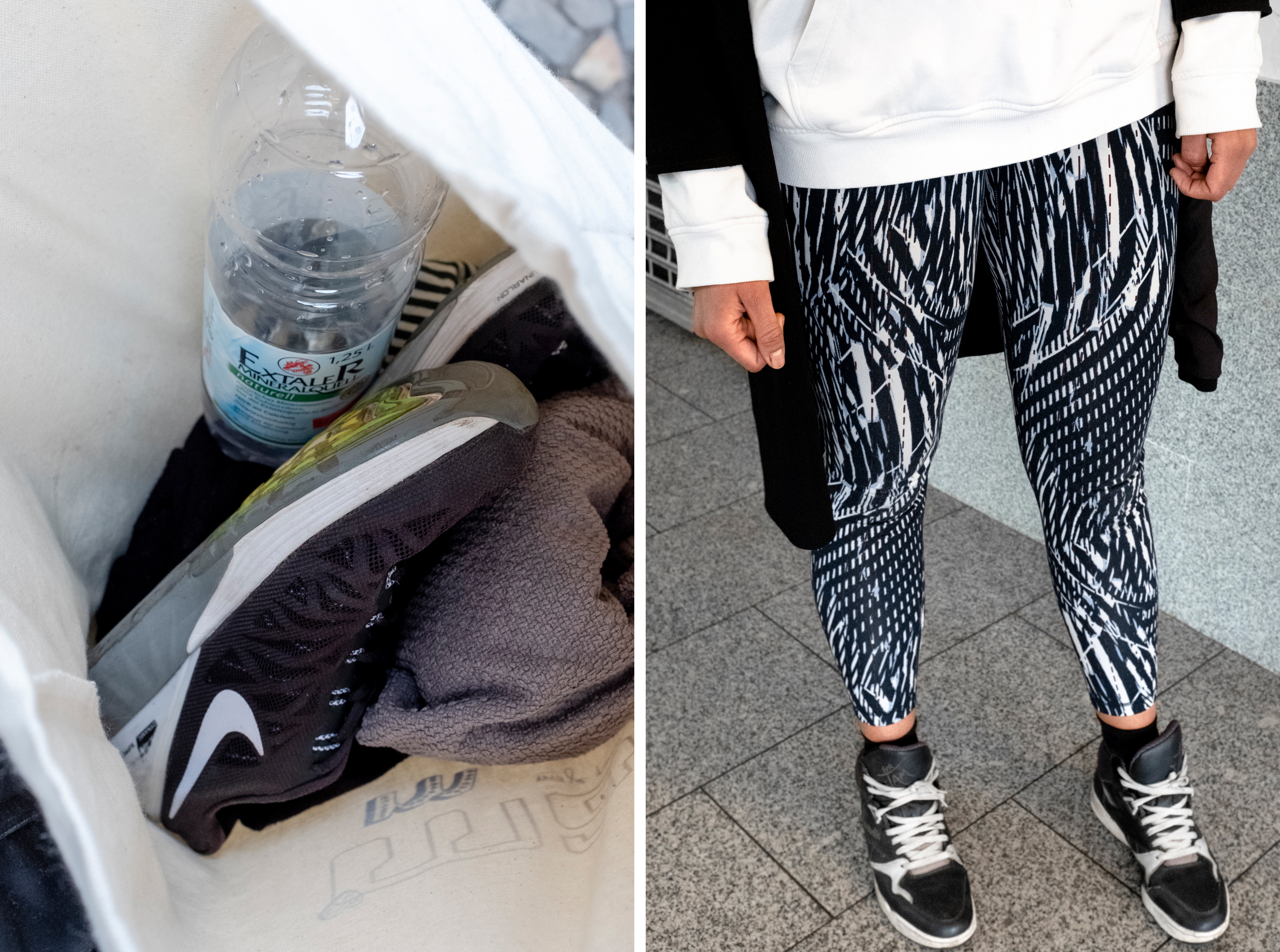 Eine frau in gemusterter Leggings und ihr Sportsack