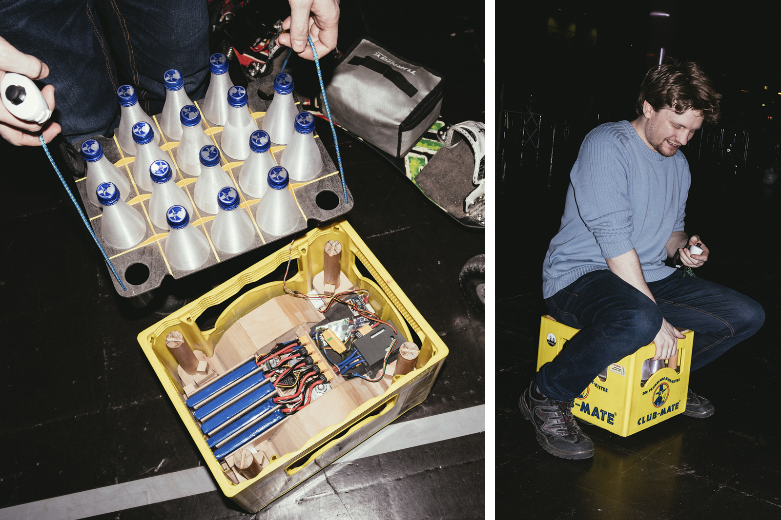 Kisten mit Club Mate dienen auf dem Hacker-Kongress 35C3 auch als Fortbewegungsmittel