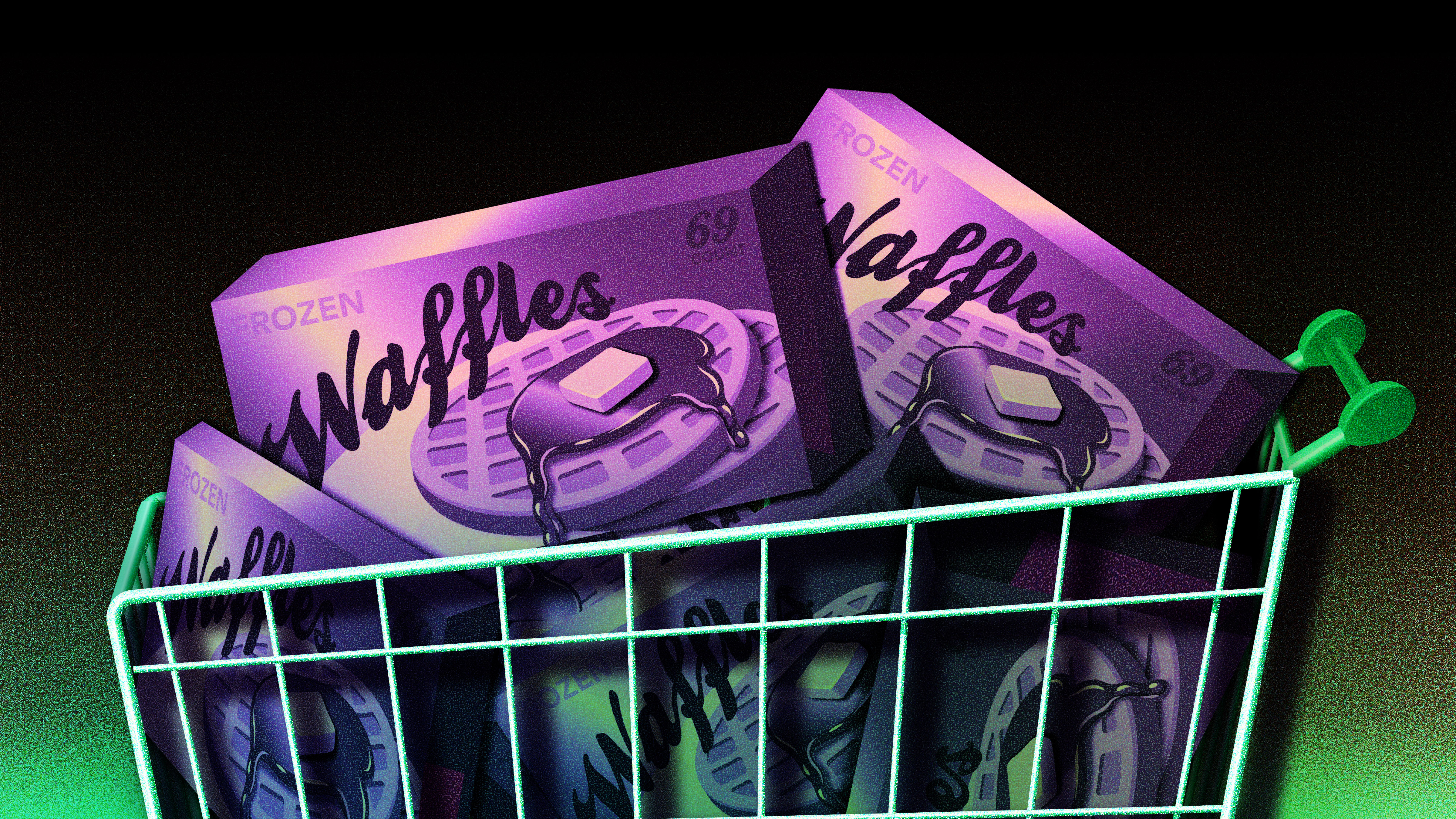 Shopping cart full of Eggo waffles. Illustration by Maggie Ahearn