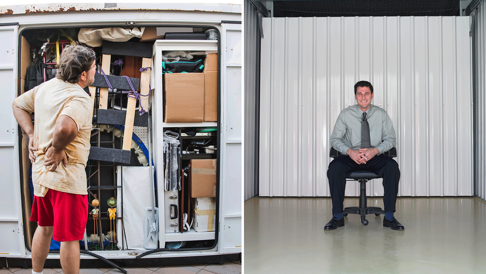 Guy with overflowing storage unit at left, versus gut with empty storage unit at right. Photos by Getty Images