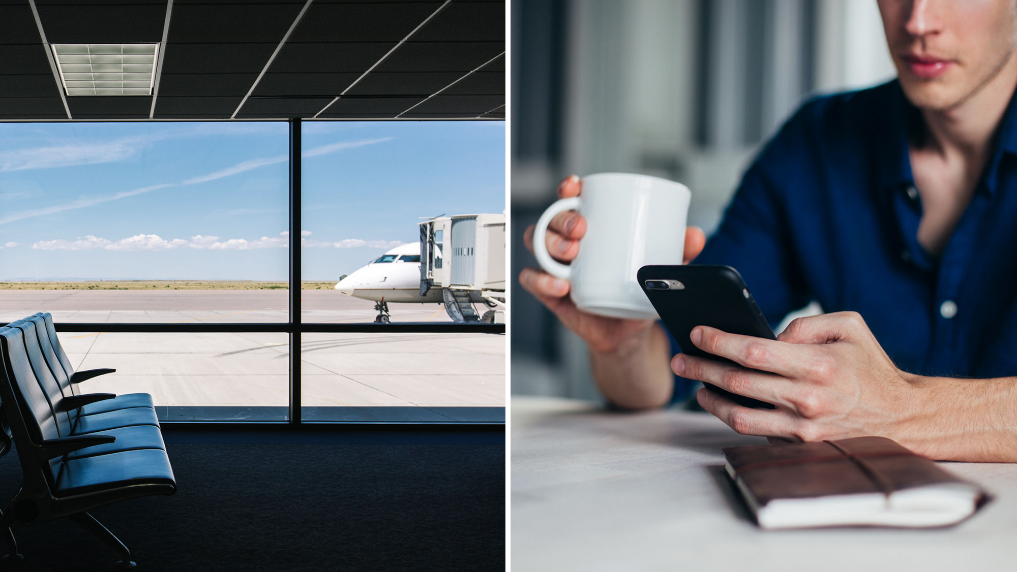 Airport at left, guy with phone at right. Photos by Stocksy