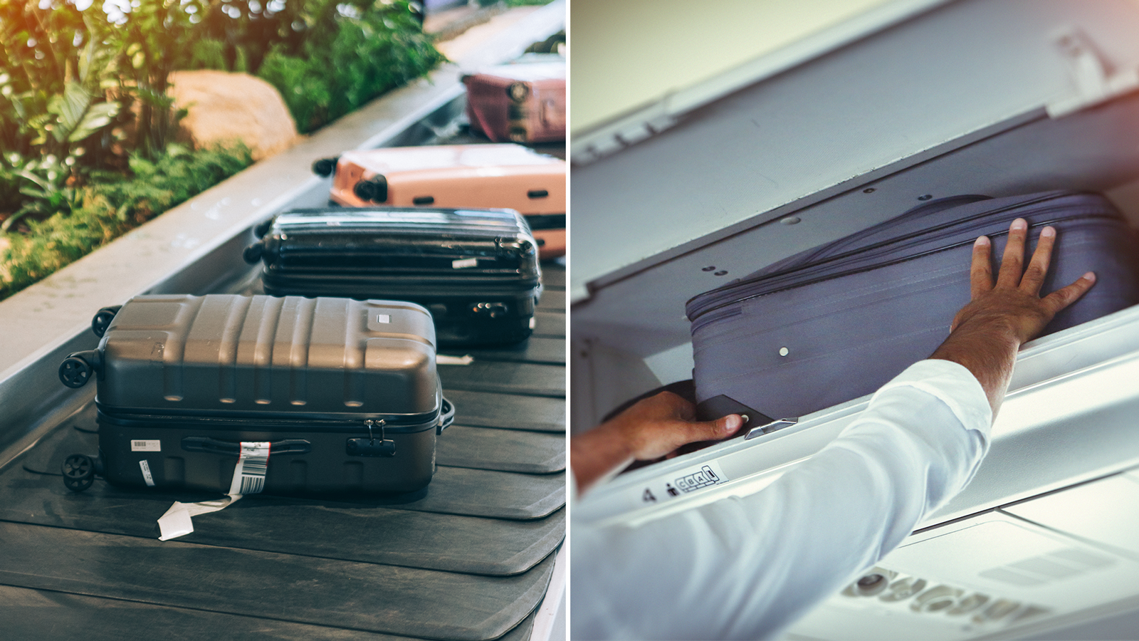 Checked bags at left versus carry on bags at right. Photos by Getty Images