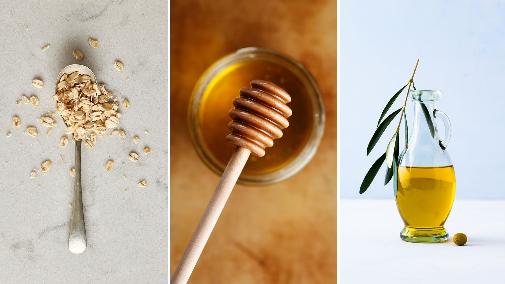 DIY face scrubs using oats, honey, and olive oil. Photos by Stocksy