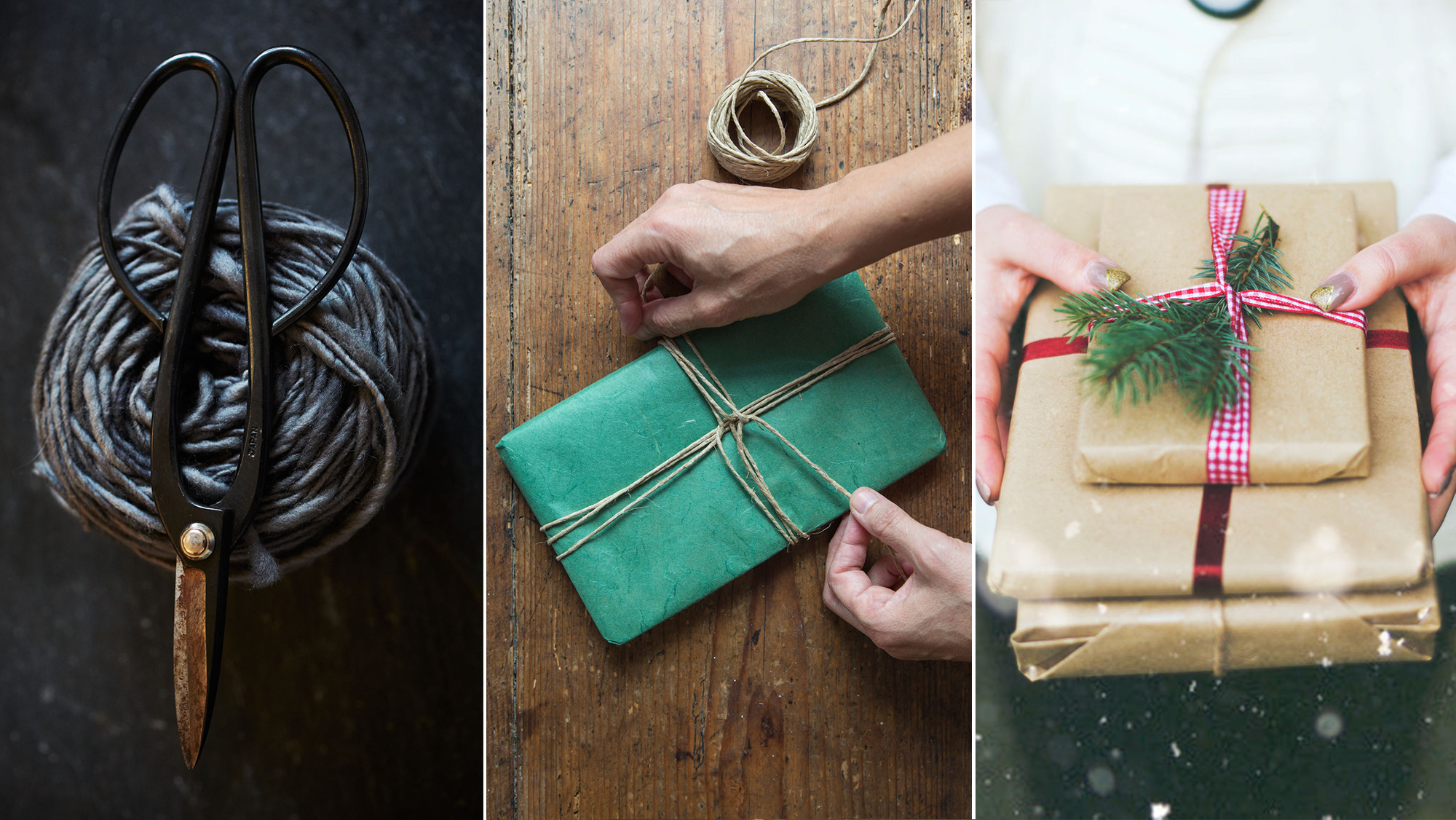A pair of scissors, a gift wrapped in tissue paper, and a stack of gifts wrapped in brown paper. Photos by Stocksy