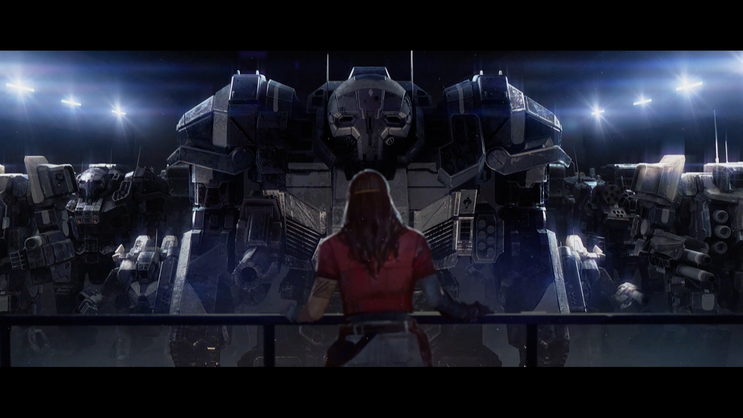 Lady Arano stands in a shadowed chamber lite by arc lamps above. They have all come on and cast their stark light over serried ranks of ancient, pristine war machines.