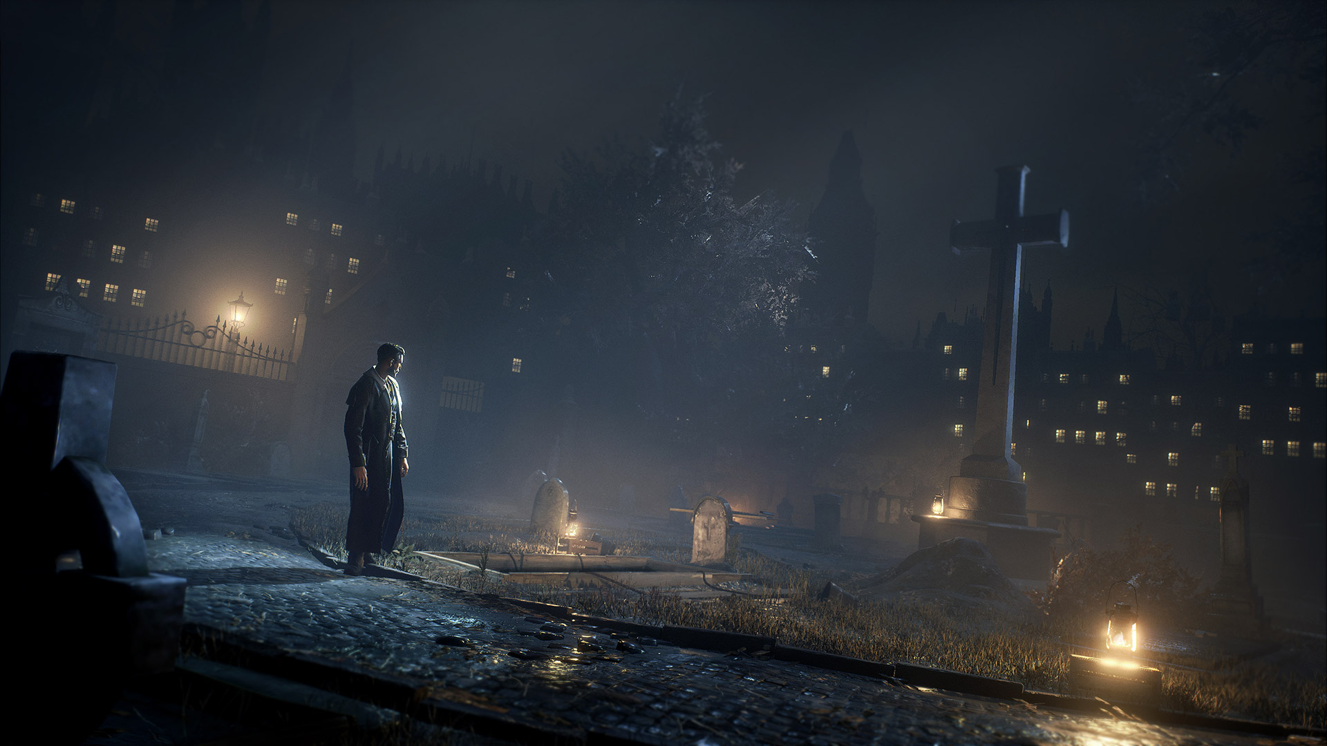 A lone figure stands alone in a foggy and rainy London cemetary