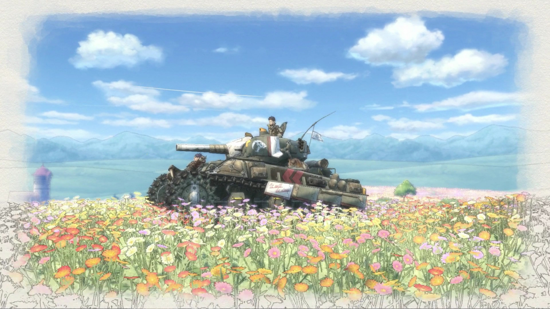A tank sits alone in a field of flowers