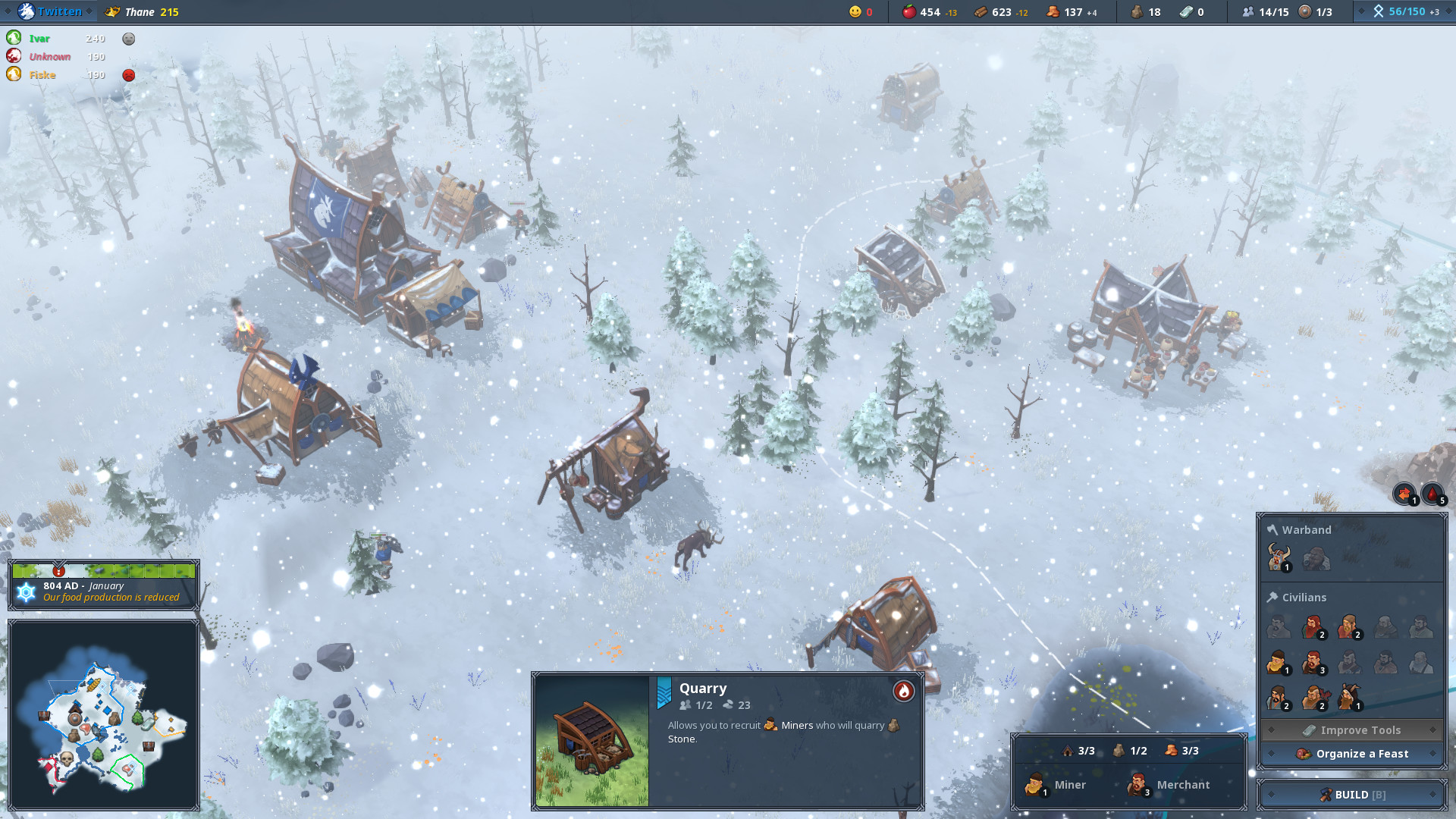 Snow falls on a cartoonish Viking village