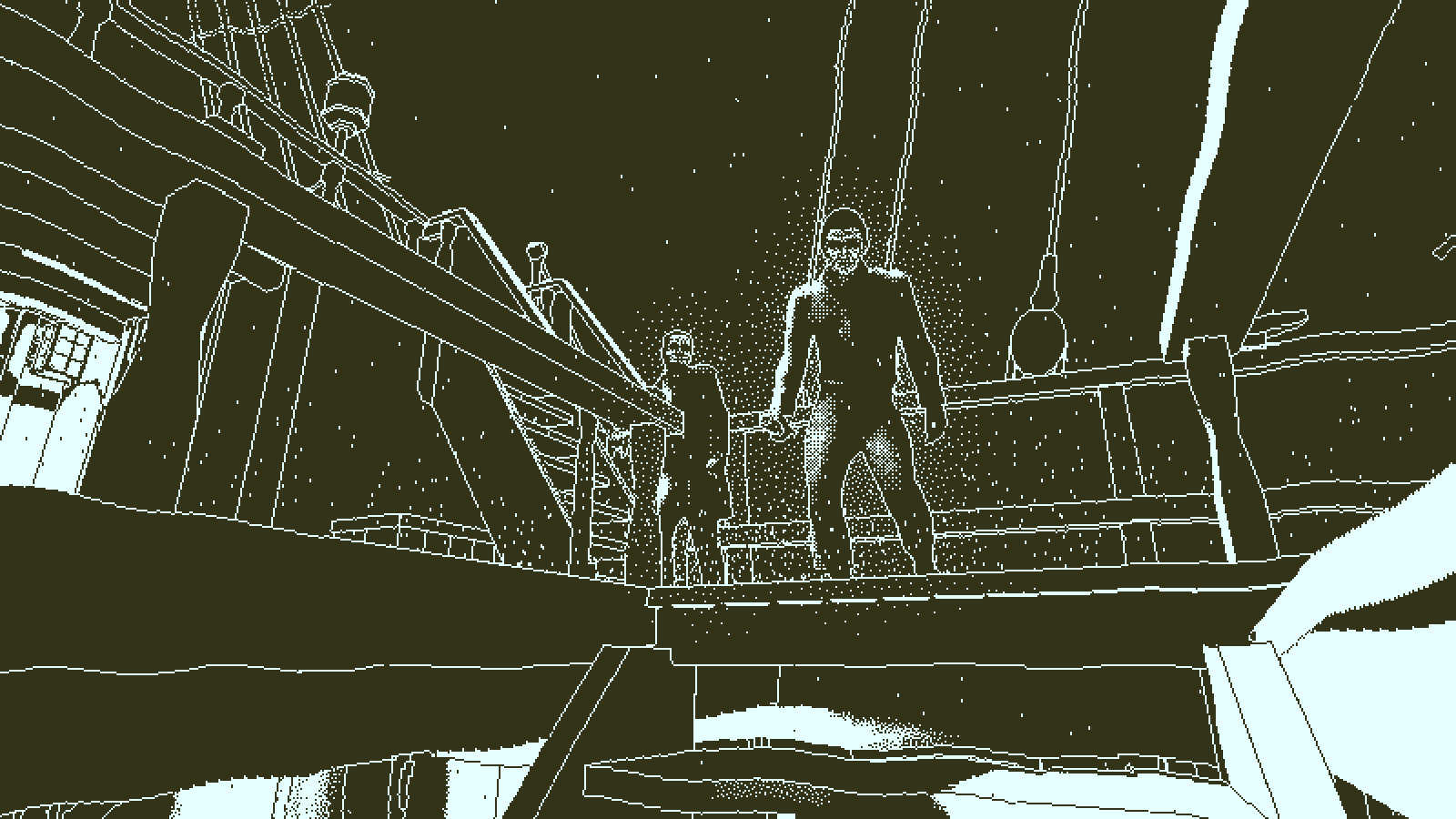 Two crewmen stare down a hatchway aboard the Obra Dinn