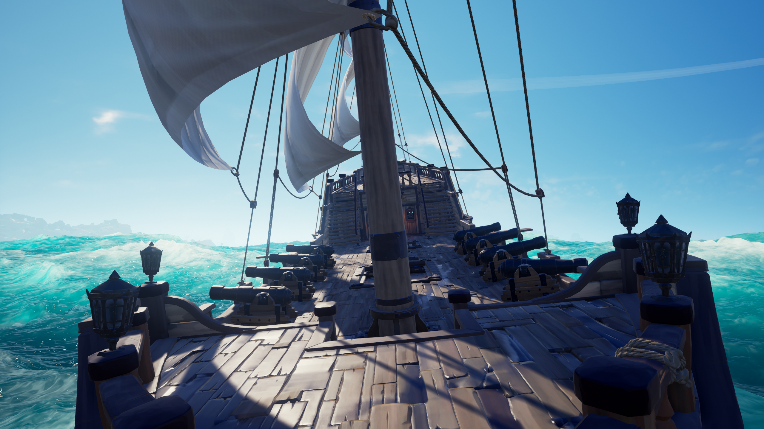 A tall ship rolls through the waves on a crystalline ocean