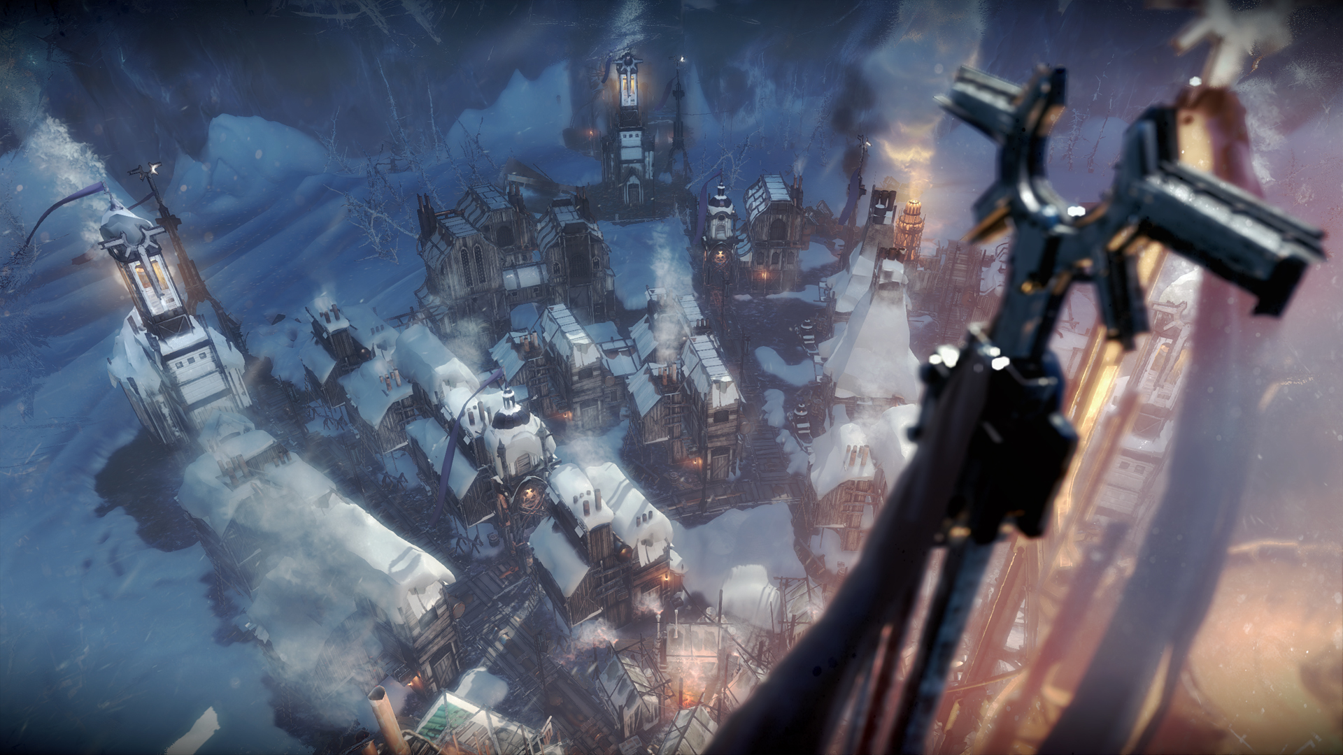 A snow-covered city in Frostpunk