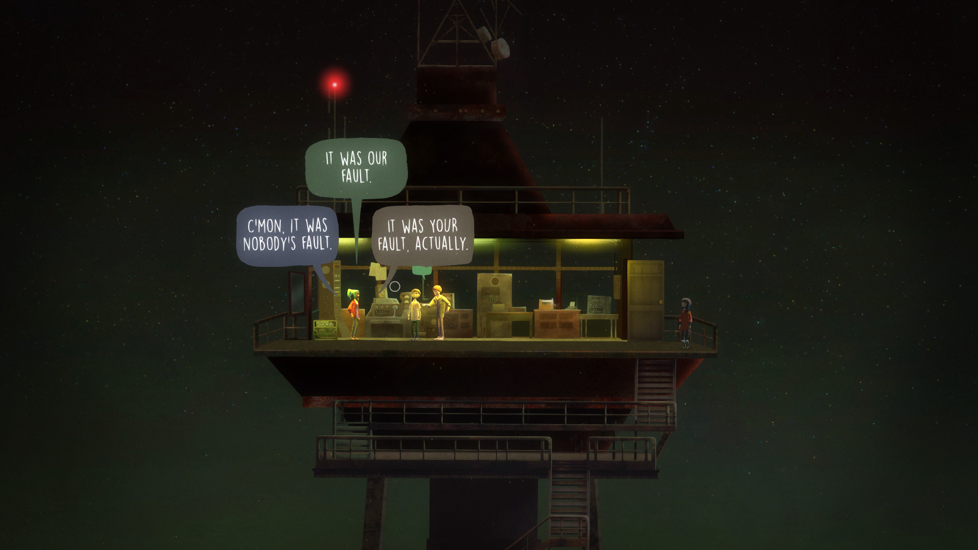 A group of characters hang out atop an old radio tower.