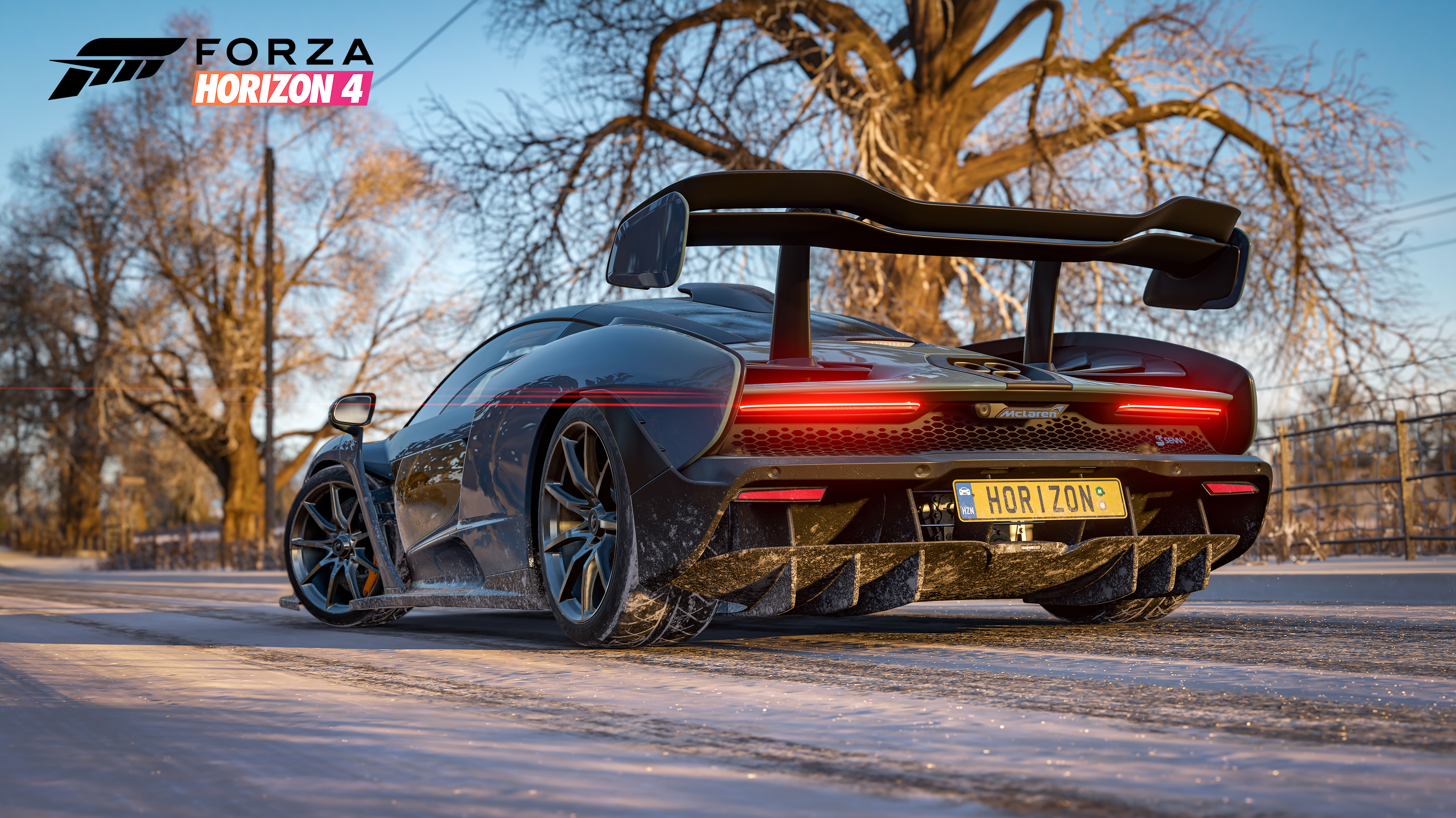 a snowy road and a sports car in Forza Horizon 4
