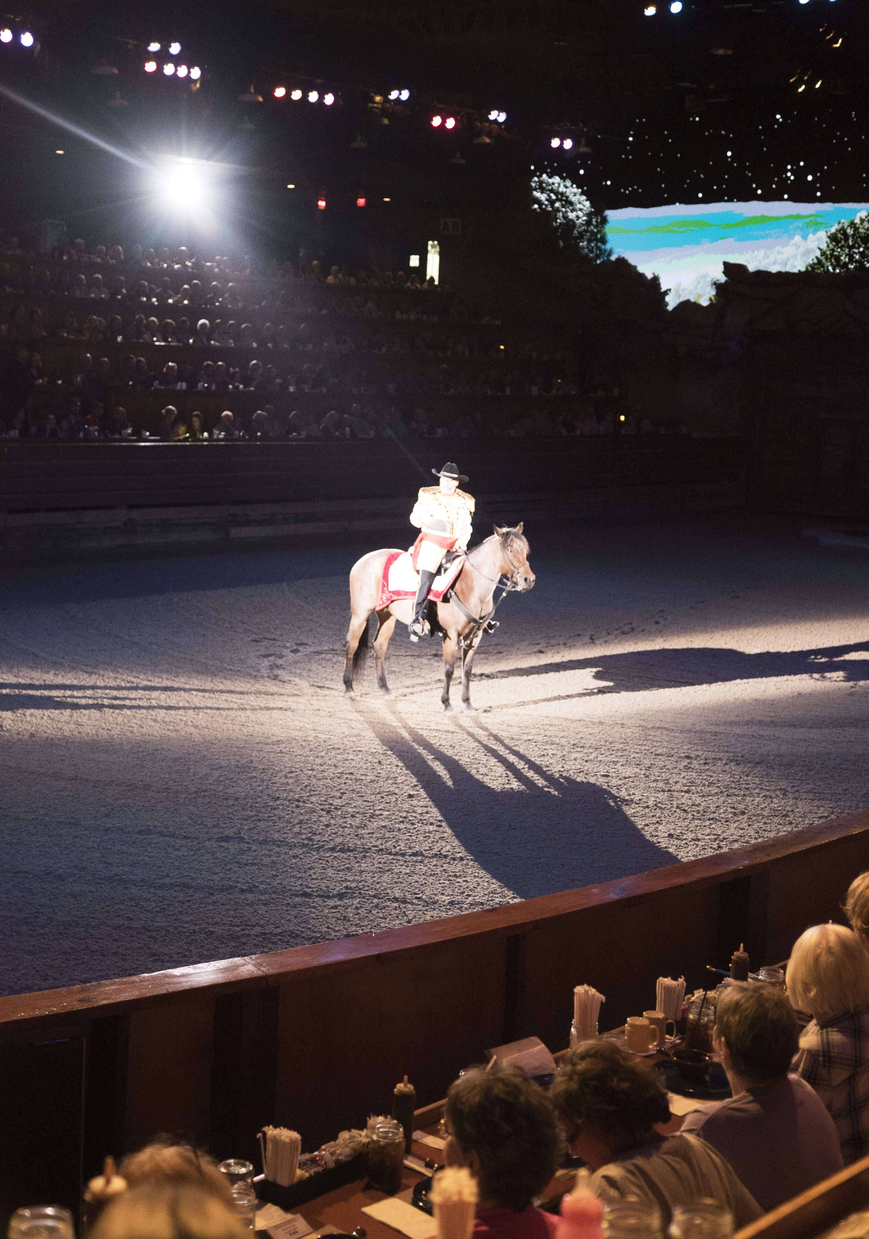 A rider on horseback at the Dolly Parton's Stampede dinner show