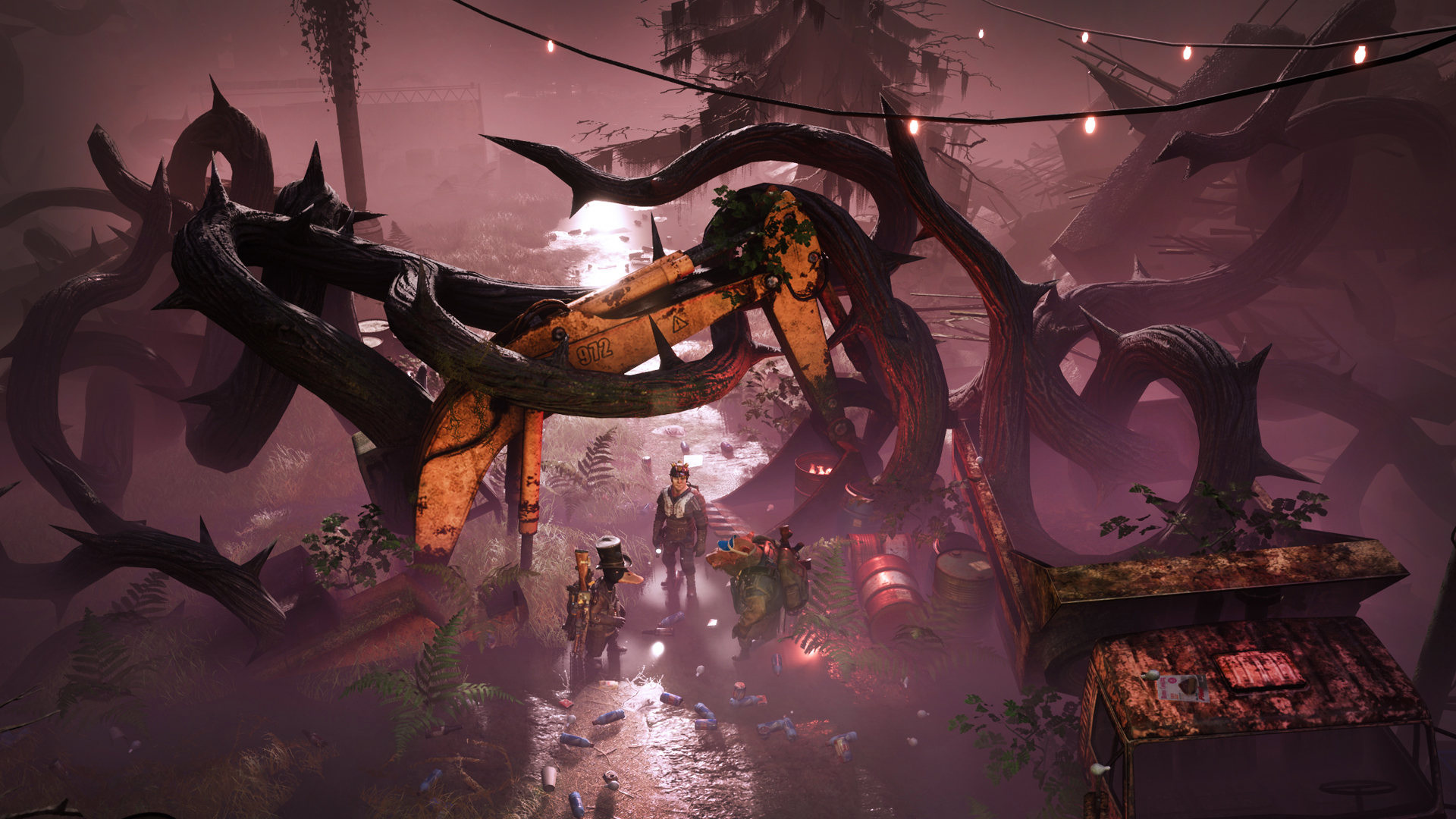 Three characters stand under a digger wrapped in giant vines.