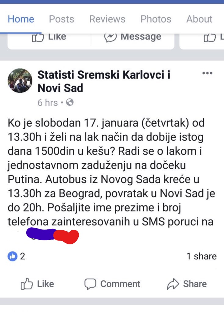 skrinšot objave poziv na doček putina novi sad