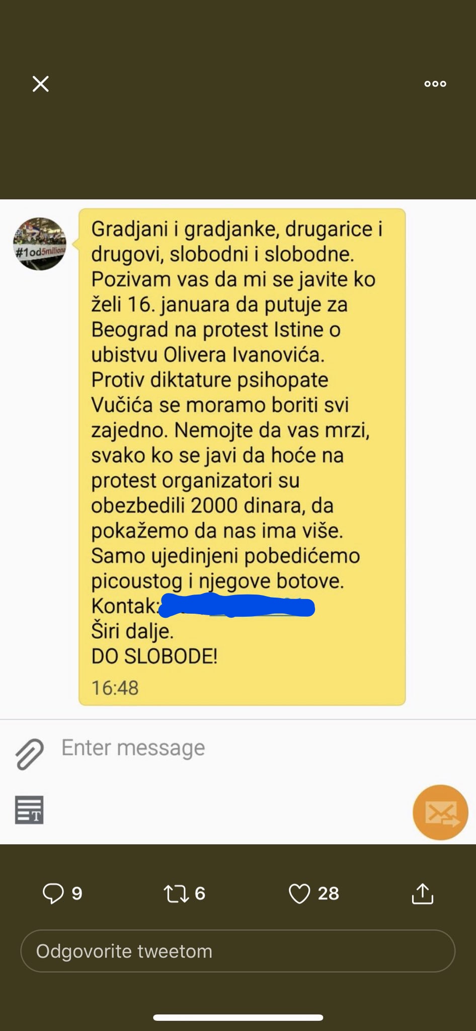 skrinšot poziv na miting opozicija