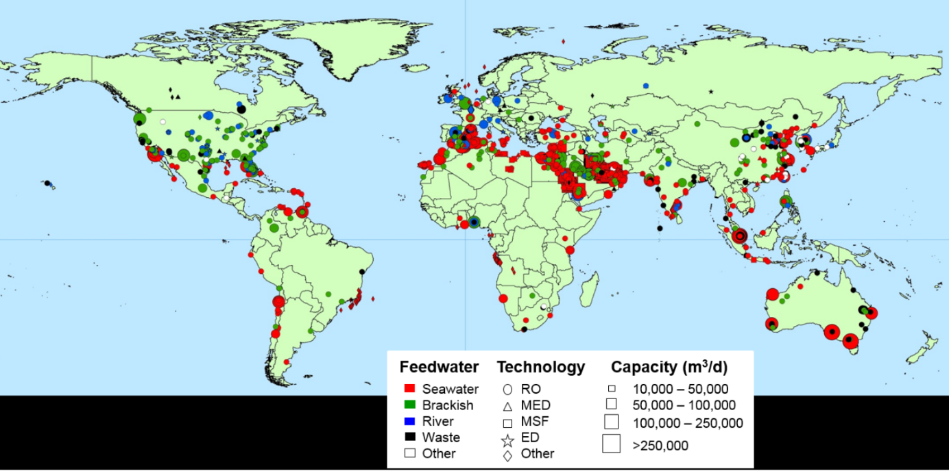 Global distribution of desalination facilities. Image: Science of the Total Environment
