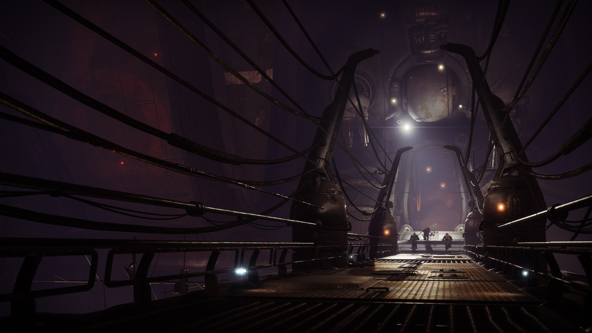 A long, dark corridor in a prison within Destiny 2