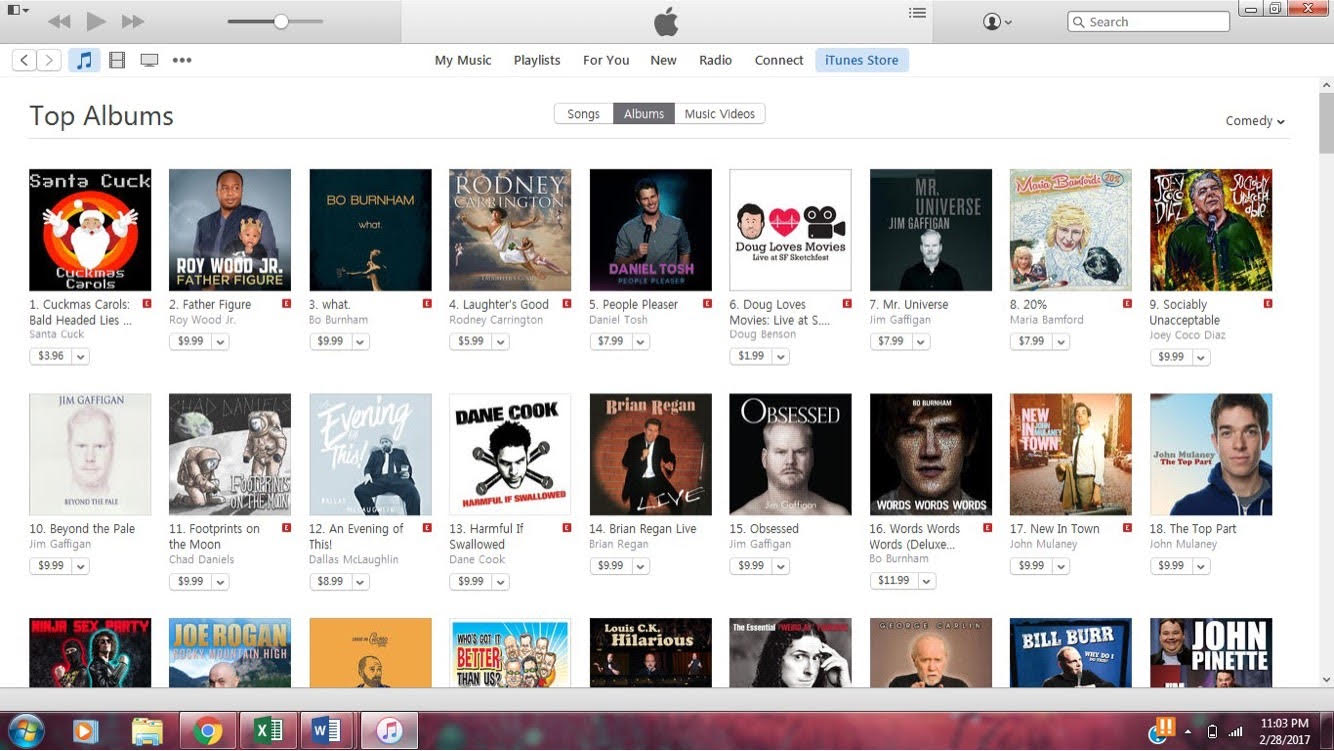 A grid view of the iTunes comedy album charts with Cuckmas Carols at number 1