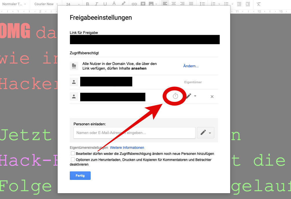Screenshot: Freigabeeinstellungen bei Google Docs