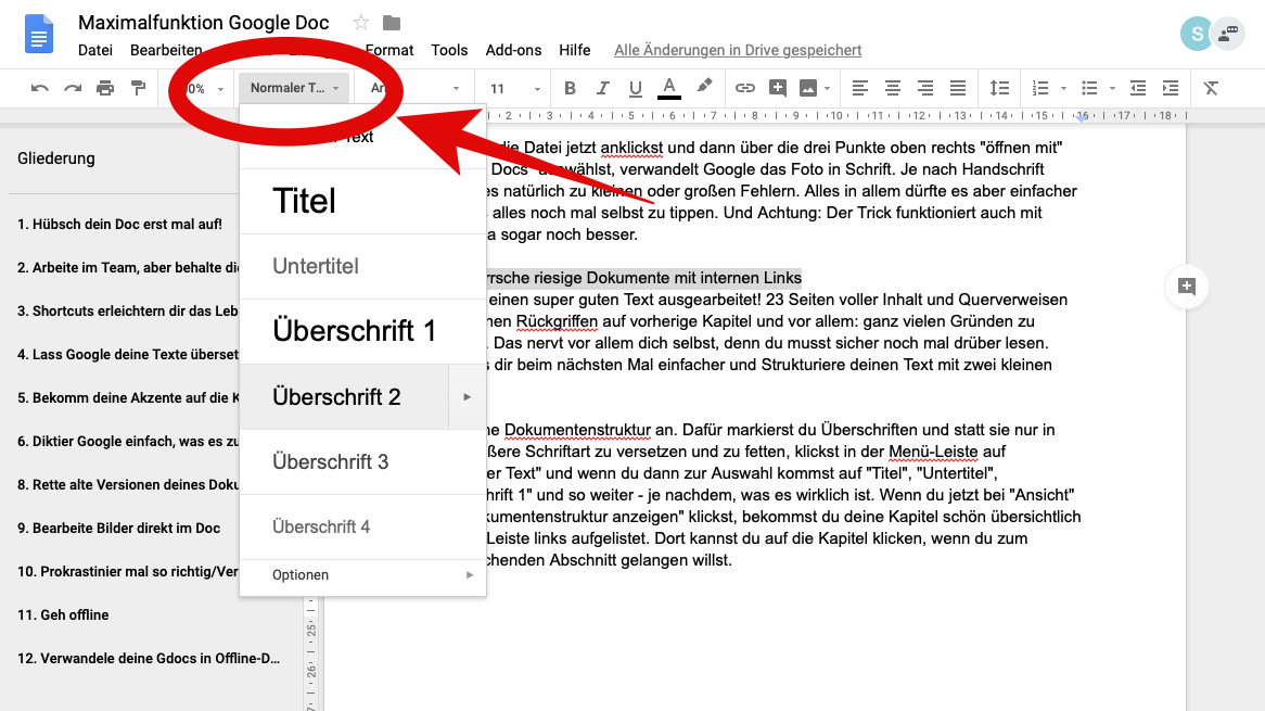 In Google Docs kannst du rechts neben der Zoom-Einstellung die Titelart bestimmen