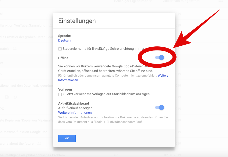 In den Einstellungen in Google Docs kann man den Offline-Modus einstellen