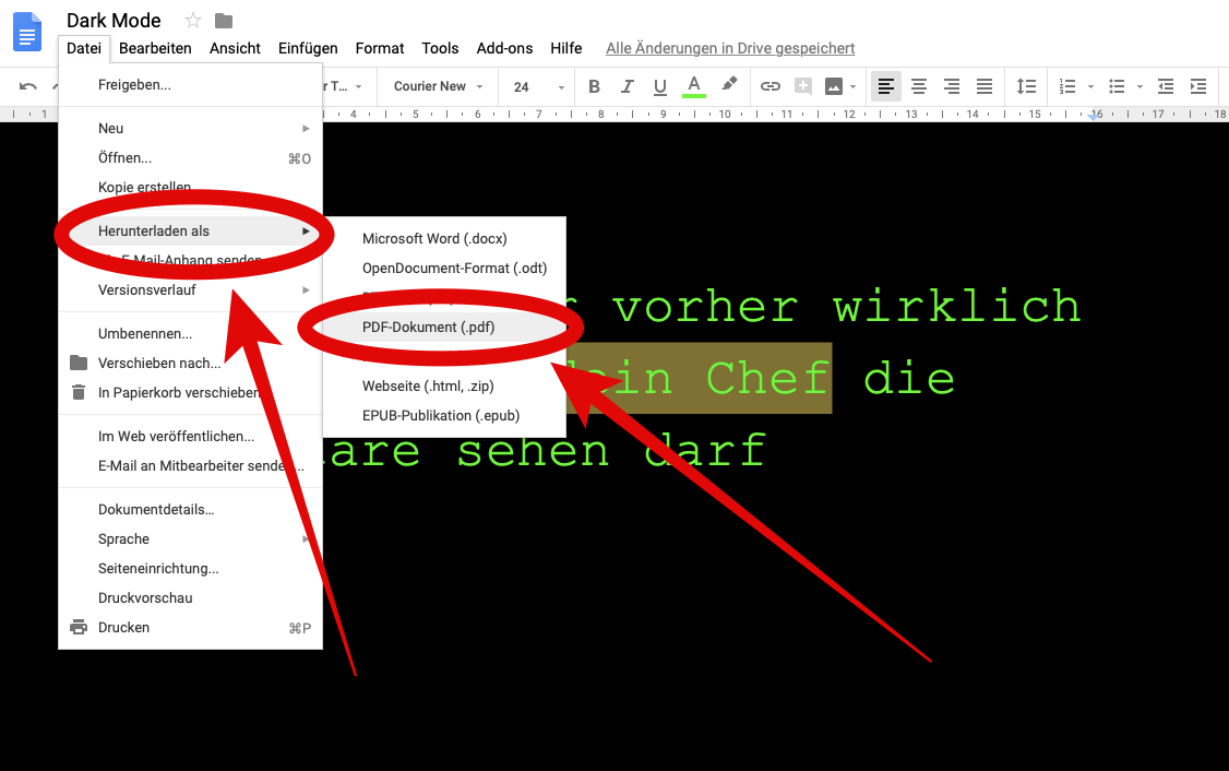 Screenshot: Ein Dokument aus Google Docs als PDF oder Word-Datei runterladen