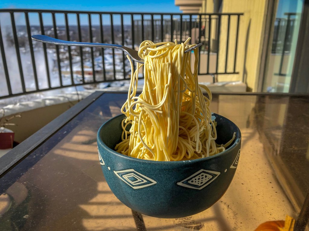 A bowl of noodles froze solid in Chicago during the January 2019 polar vortex.