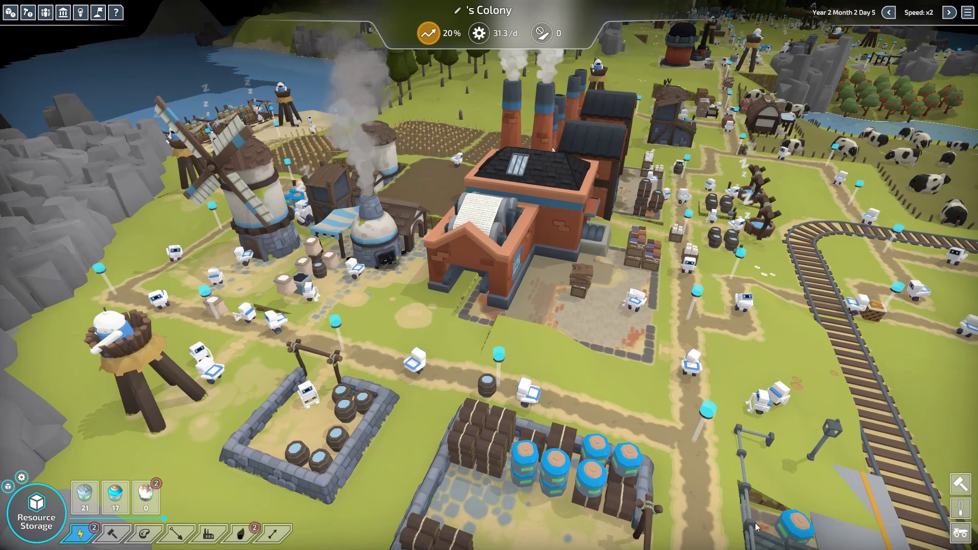 A robot factory town rendered in big, chunky block-models.