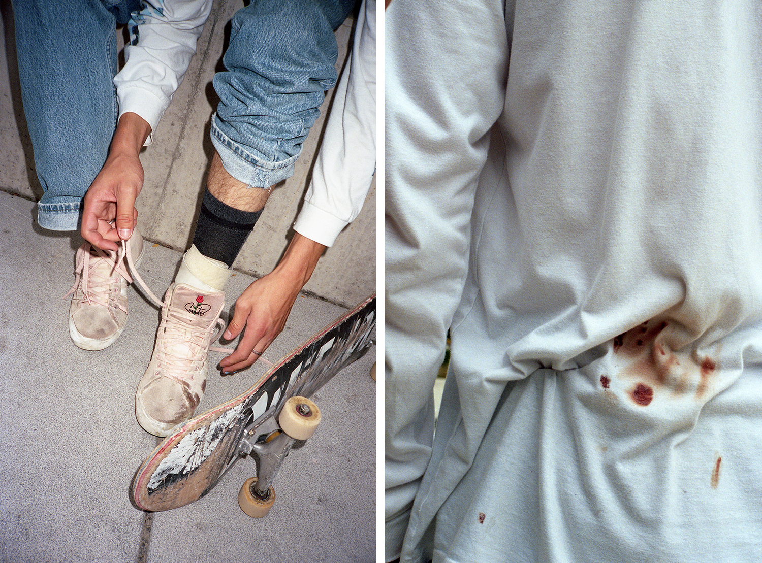 jonge skater knoopt veters, tshirt met bloed, foto door Cléo-Nikita Thomasson