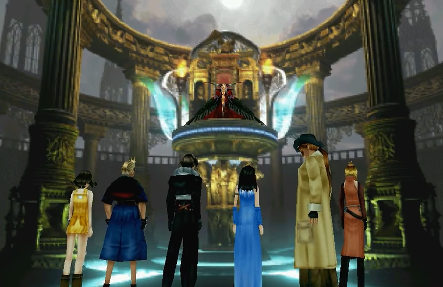 the cast of Final Fantasy 8 gathered in a grand hall.