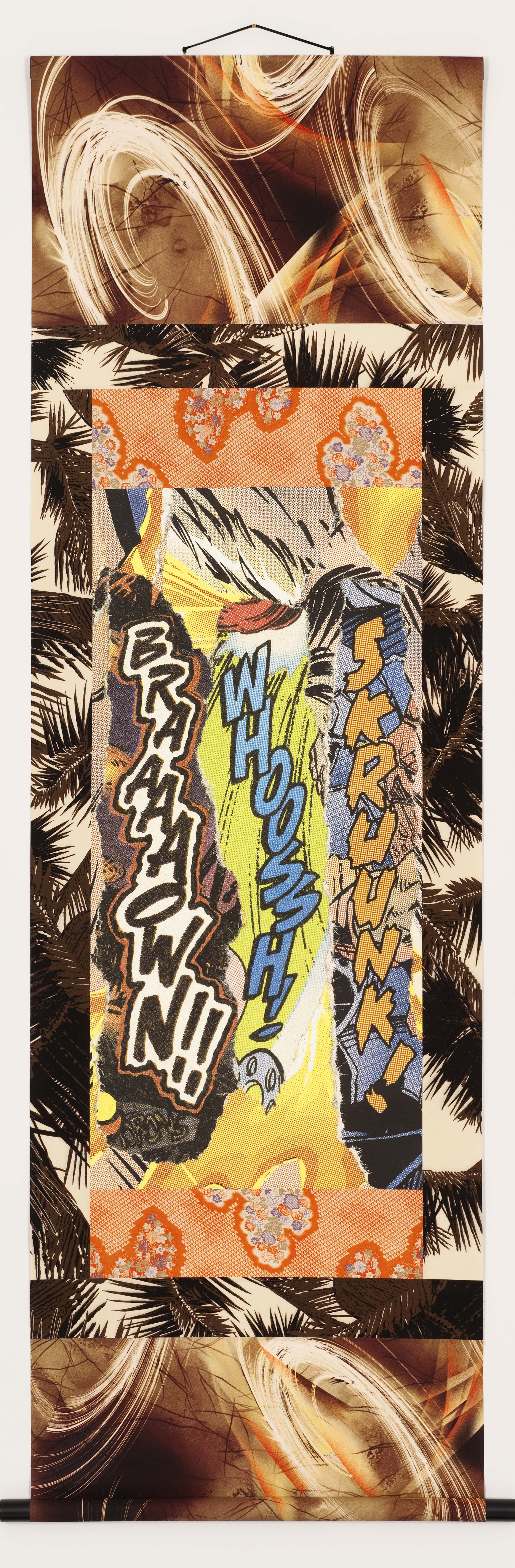 Marclay has incorporated the experience of sound into his visual art since the outset of his career. Image: ‘Braaaaown!! Whoossh! Skruunk!,’ 2011, hanging scroll, 70 7/8 x 25 9/16 in. (180 x 65 cm), © the artist, © Will Lytch, courtesy Graphicstudio/USF, Tampa, Florida USA.