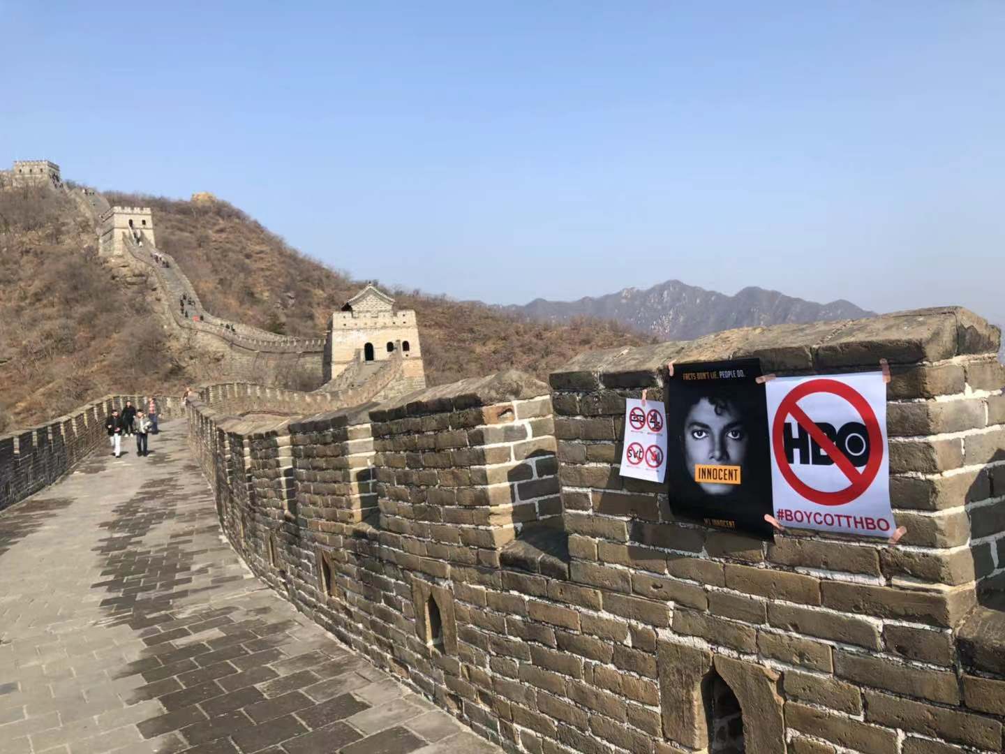 Michael Jackson protest signs on the Great Wall of China