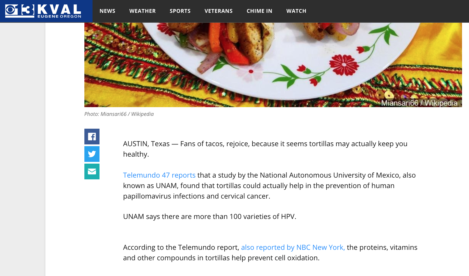 screenshot of now-deleted story on tortillas and hpv