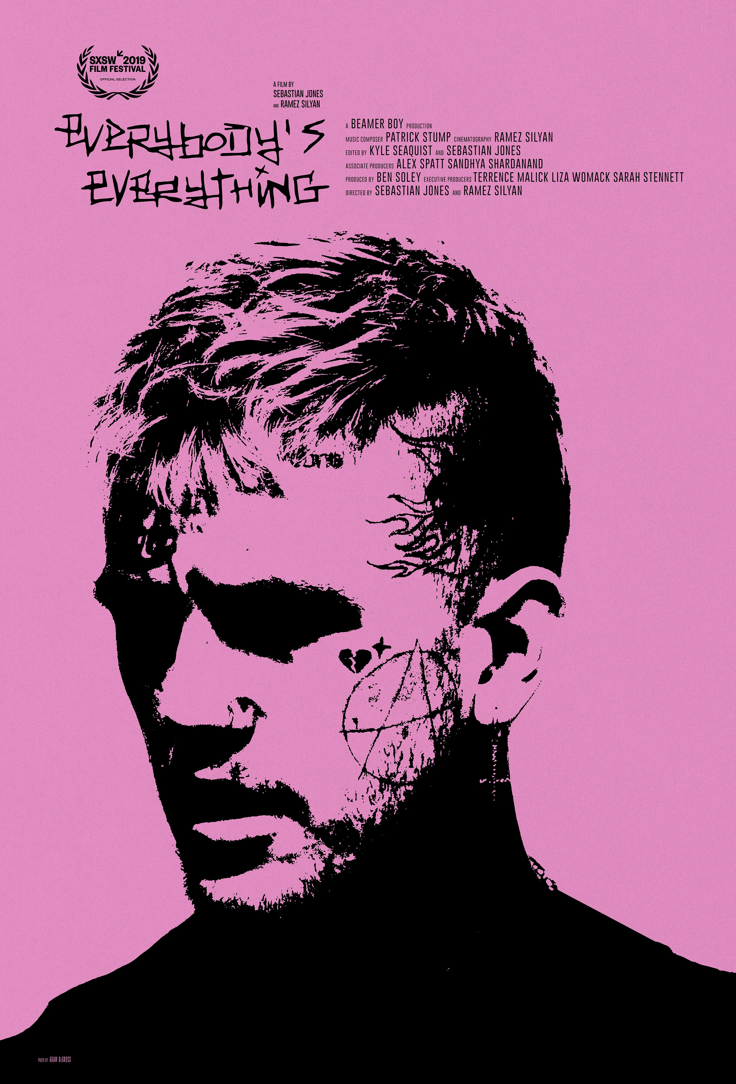 the poster for Everybody's Everything, showing Lil Peep's face on a pink background
